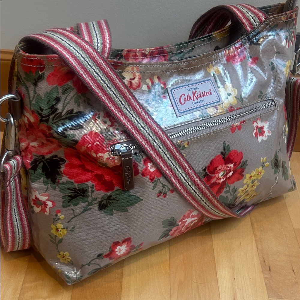 Cath Kidston Taupe Floral Oilcloth Crossbody Bag with Red & Yellow Flowers